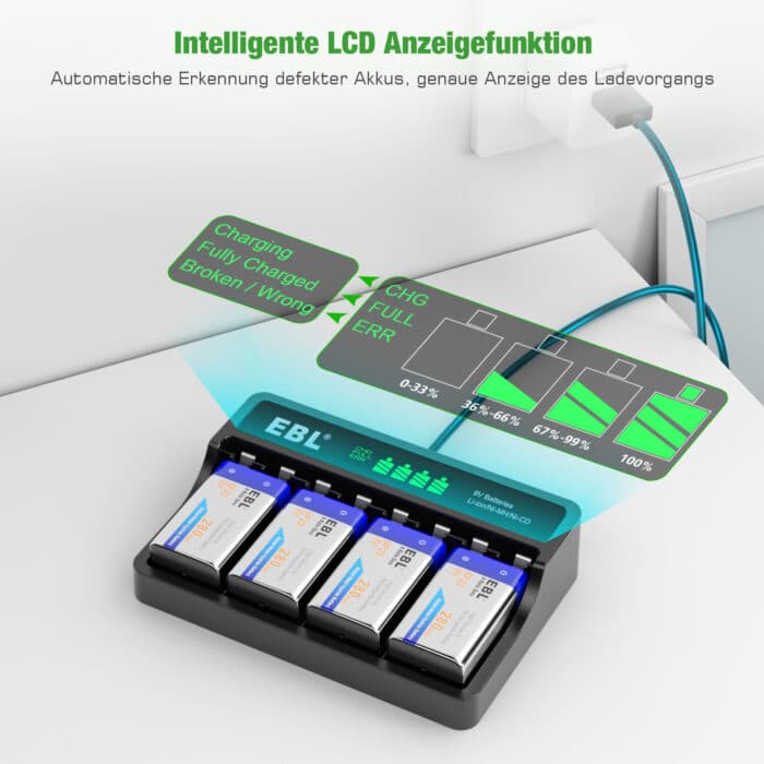 EBL USB LCD 9V Ladegerät inkl. 4x 6F22 9V Akkus – Bild 4