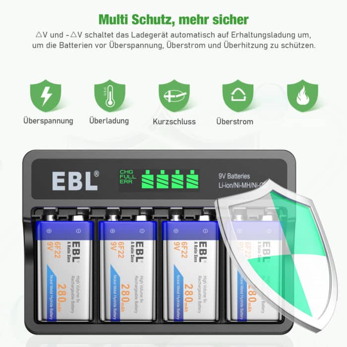 EBL USB LCD 9V Ladegerät inkl. 4x 6F22 9V Akkus – Bild 2