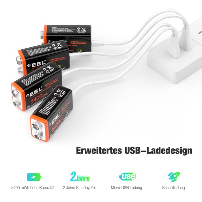 EBL USB 4 x 6F22 9V 600mAh Li-Ion – Bild 8