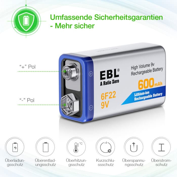 EBL 9V 600mAh Lithium Ion – Bild 2