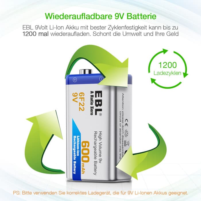 EBL 9V 600mAh Lithium Ion – Bild 3