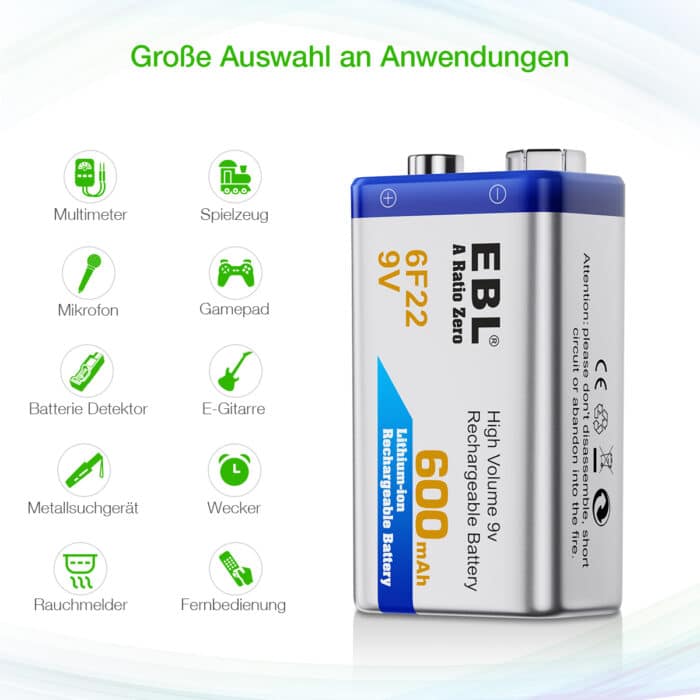 EBL 9V 600mAh Lithium Ion – Bild 6