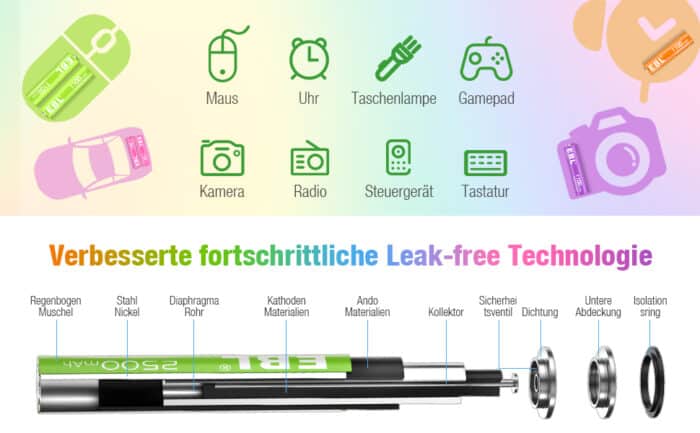 EBL 10 x AA 1,2V 2500mAh NIMH Color – Bild 5