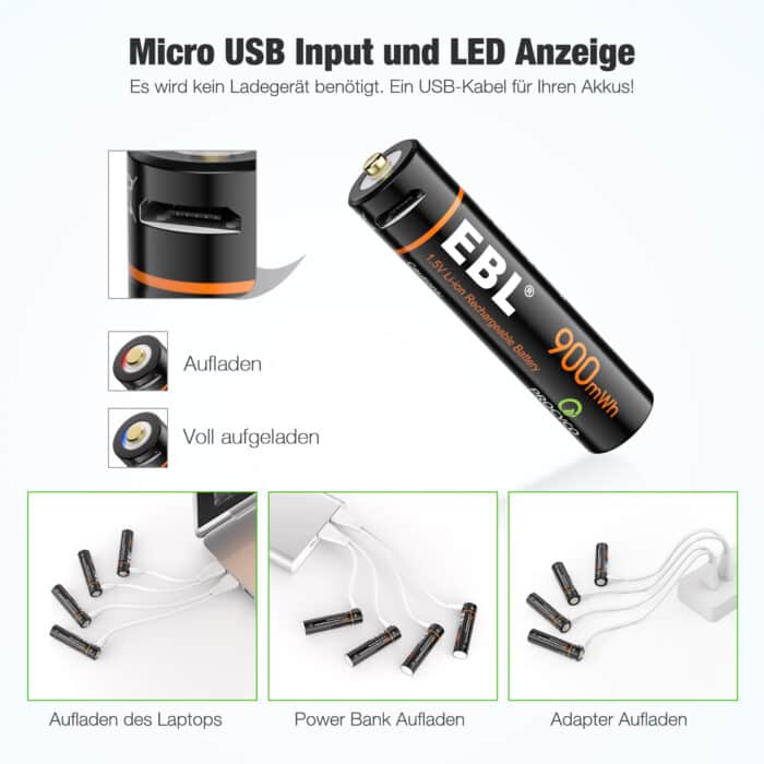 EBL USB 4 x AAA 1,5V 600mAh Li-Ion – Bild 6