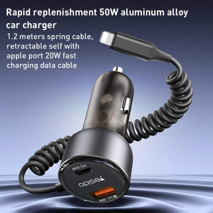 Yesido Y57 50 W PD + QC3.0 Dual-Port-Autoladegerät mit 8-poligem Federdatenkabel – Bild 2