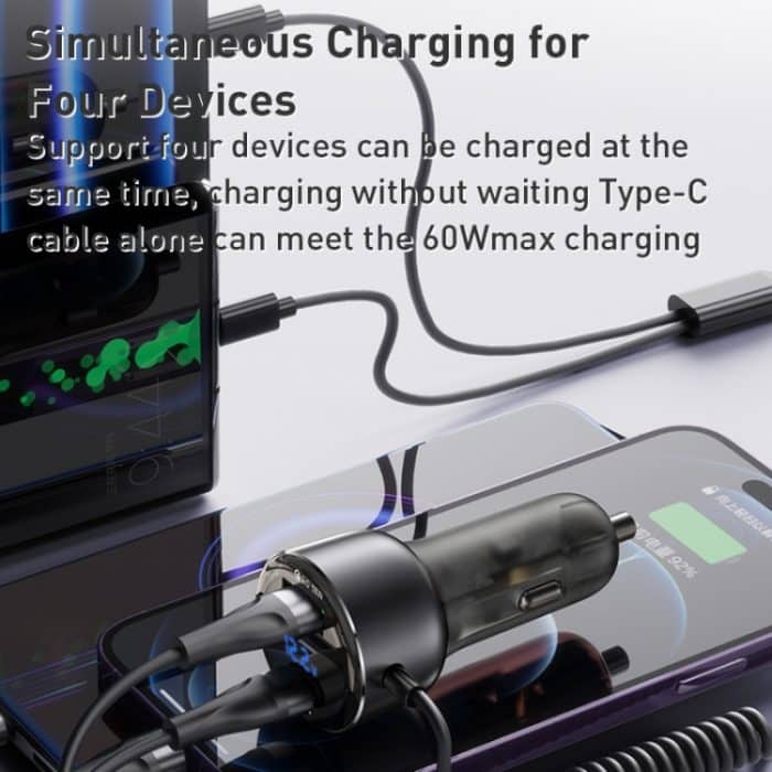 Yesido 60W PD + QC3.0 Dual Port Auto-Schnellladegerät mit USB-C / Typ-C + 8-poligem Federkabel – Bild 5