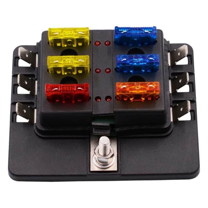 1 in 6 Out Sicherungskasten PC-Klemmenblock Sicherungshalter-Kits mit LED-Warnanzeige für Auto Car Truck Boat – Bild 2