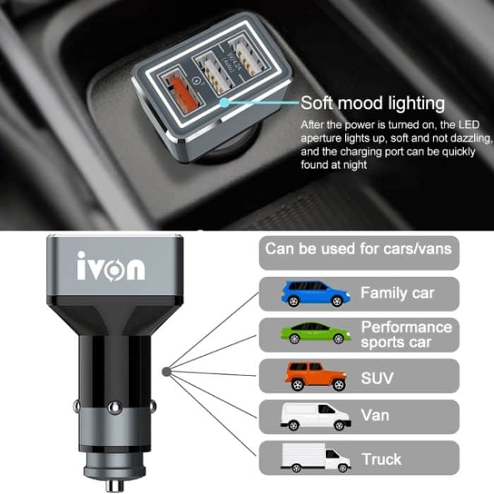 IVON CC36 39W 7.2A QC 3.0 USB + Dual USB-Autoladegerät mit Umgebungslicht – Bild 3