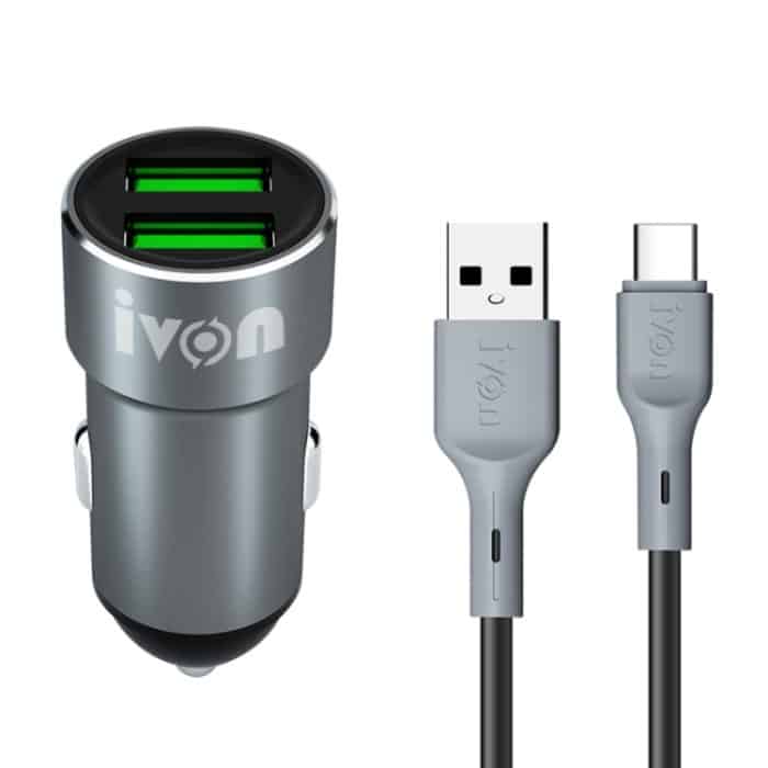 IVON CC38 2.4A Dual USB-Autoladegerät + 1M USB an USB-C / Typ-C Schnellladendatenkabelsatz – Bild 1