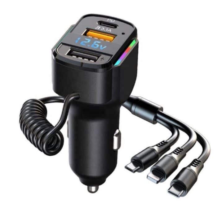 K4 Car 3 in 1 PD + USB Dual Port Schnellladegerät mit Federdatenkabel – Bild 1