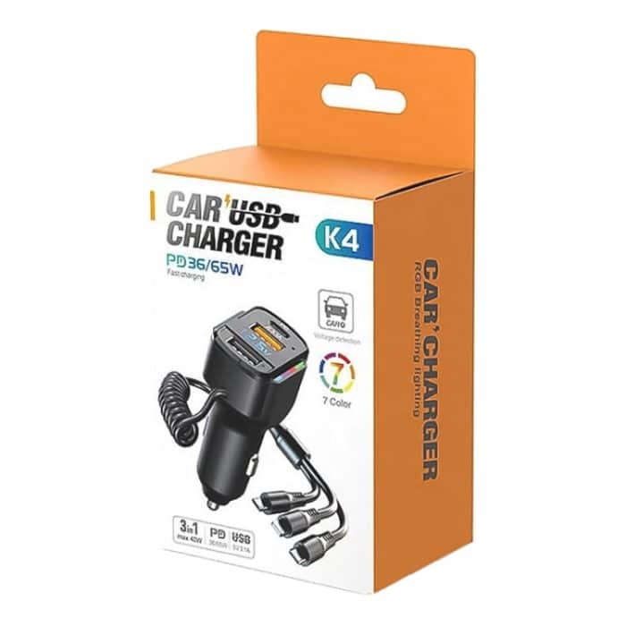 K4 Car 3 in 1 PD + USB Dual Port Schnellladegerät mit Federdatenkabel – Bild 9