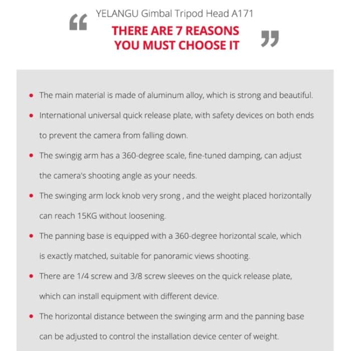 YELANGU A171 YLG0401E-C 360-Grad-Drehung horizontaler freitragender kardanischer Stativkopf für Heim-DV- und Spiegelreflexkameras, YELANGU A171 – Bild 4