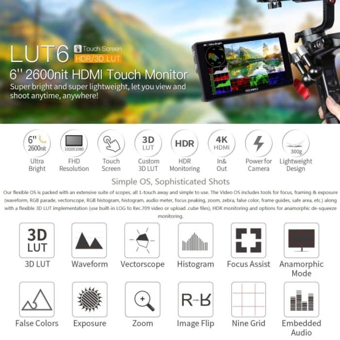 FEELWORLD LUT6 1920x1080 2600 Nits 6 Zoll IPS-Bildschirm HDMI 4K Touch Control Kamera Feldmonitor – Bild 7