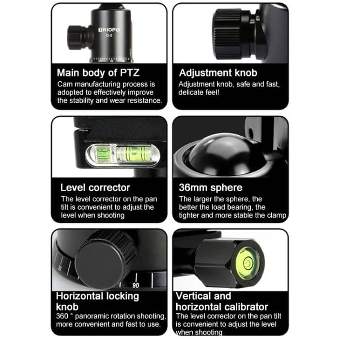 TRIOPO 888 Verstellbares tragbares Kohlefaser-Stativ mit Q-2-Kugelkopf für Spiegelreflexkamera, Rohrdurchmesser: 28 cm – Bild 16