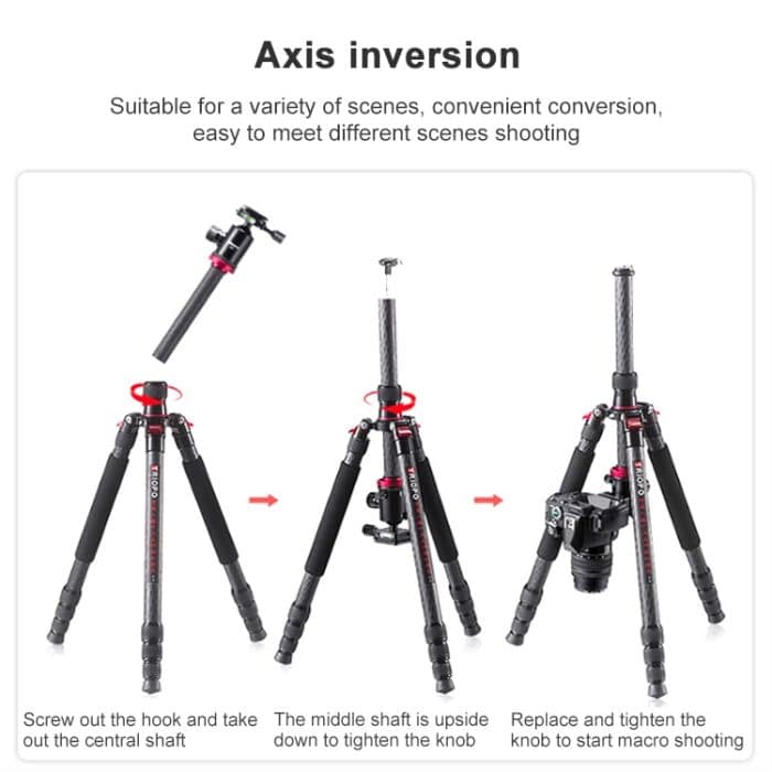 TRIOPO 888 Verstellbares tragbares Kohlefaser-Stativ mit Q-2-Kugelkopf für Spiegelreflexkamera, Rohrdurchmesser: 28 cm – Bild 9