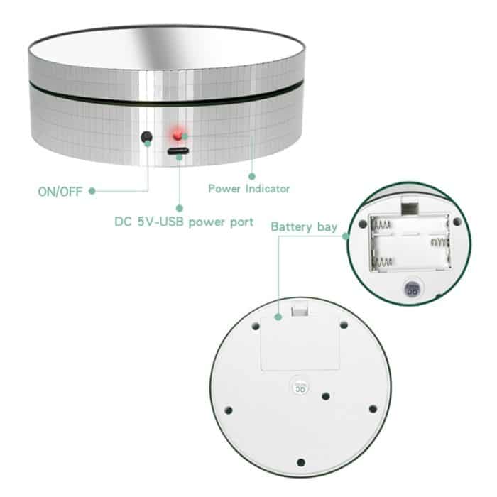 12 cm 360 Grad drehbarer Drehteller, Spiegel, elektrischer Präsentationsständer, Videoaufnahme-Requisiten, Drehteller, Belastung: 3 kg, 12cm Mirror Black, 12cm Mirror White – Bild 7