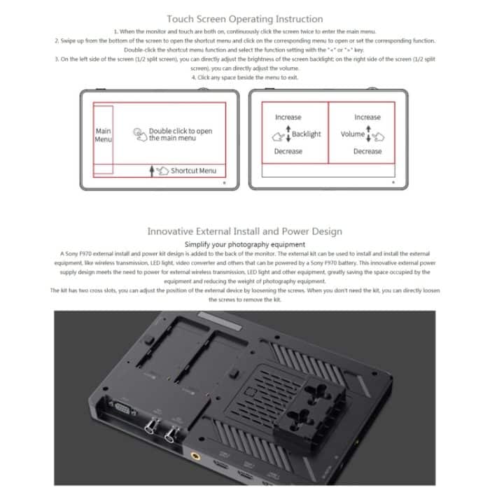 FEELWORLD LUT11S 10,1 Zoll ultraheller 2000nit Touchscreen DSLR-Kamera-Feldmonitor, 3G-SDI 4K HDMI Eingang Ausgang 1920 x 1200 IPS-Panel, LUT11S – Bild 10