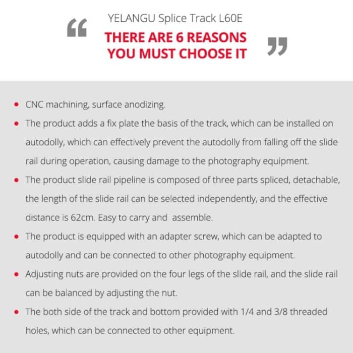 YELANGU YLG0119A 60 cm Spleiß-Gleitschienenschiene + Trolley-Schienenschnalle für Spiegelreflexkameras/Videokameras, 60cm Rail Track + Rail Buckle – Bild 4
