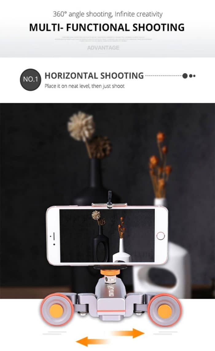 YELANGU L4X Kamera 3-Rad Dolly II Electric Track Slider 3-Rad Video Riemenscheibe Rollendes Dolly Auto mit Fernbedienung für DSLR / Heim-DV-Kameras, GoPro, Smartphones, Last: 3 kg (grau) – Bild 7