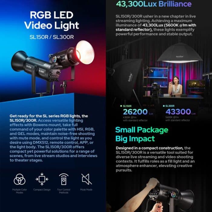 Godox SL150R RGB-LED-Videoleuchte, 165 W, CRI/TLCI 97+, COB-Monolicht, Bowens-Montierung, Studio-Fotoleuchte, SL150R – Bild 6