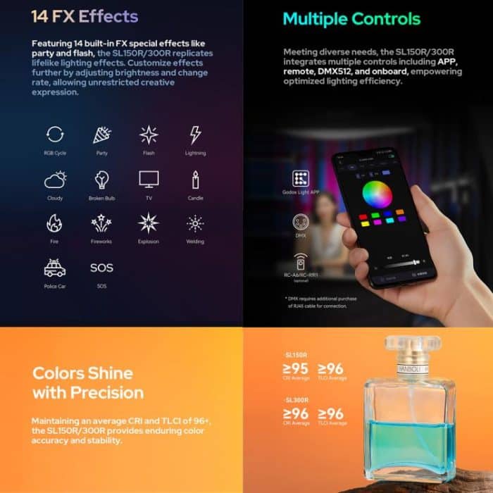 Godox SL150R RGB-LED-Videoleuchte, 165 W, CRI/TLCI 97+, COB-Monolicht, Bowens-Montierung, Studio-Fotoleuchte, SL150R – Bild 8