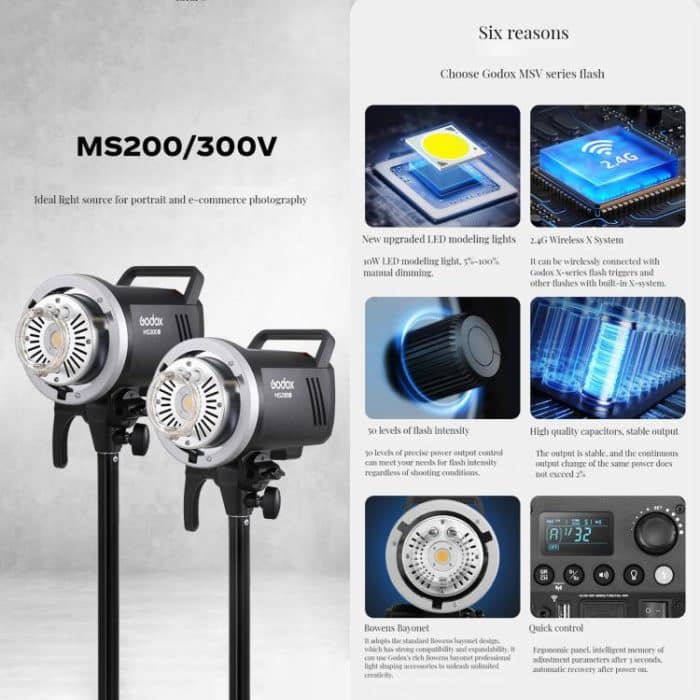 Godox MS300-V Studio-Blitzlicht 300Ws Bowens Mount Strobe Light mit Lampenabdeckung, MS300-V – Bild 3