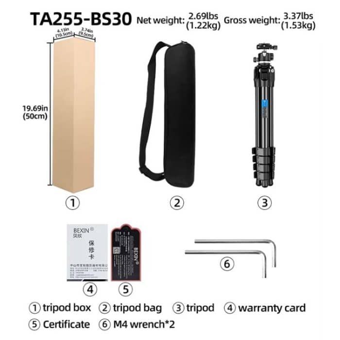 BEXIN TA255-BS30 Portable Collapsible Aluminum Alloy Camera Tripod with Head, TA255-BS30 – Bild 12