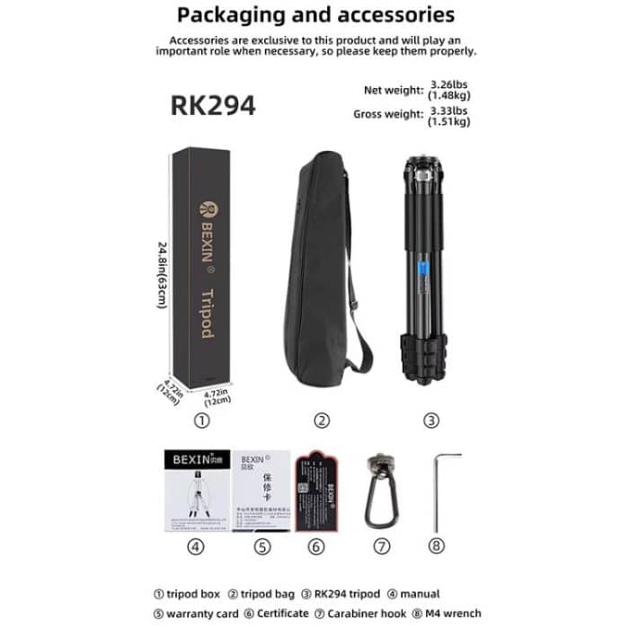 BEXIN RK294 Portable Collapsible Carbon Fiber Camera Tripod, RK294 – Bild 12