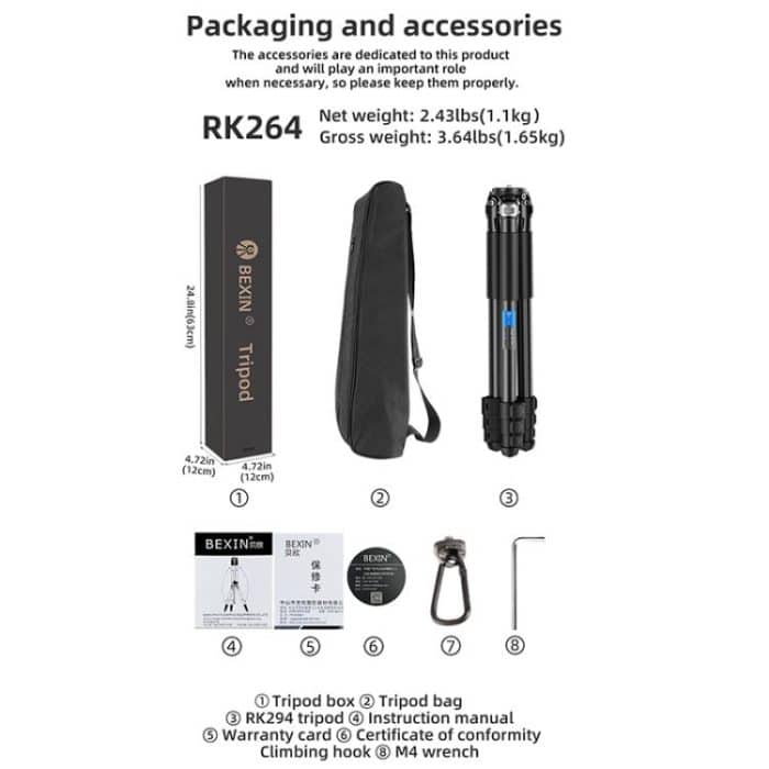 BEXIN RK264 Portable Collapsible Aluminum Alloy Camera Tripod, RK264 – Bild 11