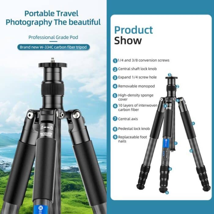 BEXIN W-334C Portable DSLR Camera 2 in 1 Carbon Fiber Tripod Detachable Monopod, W-334C – Bild 5