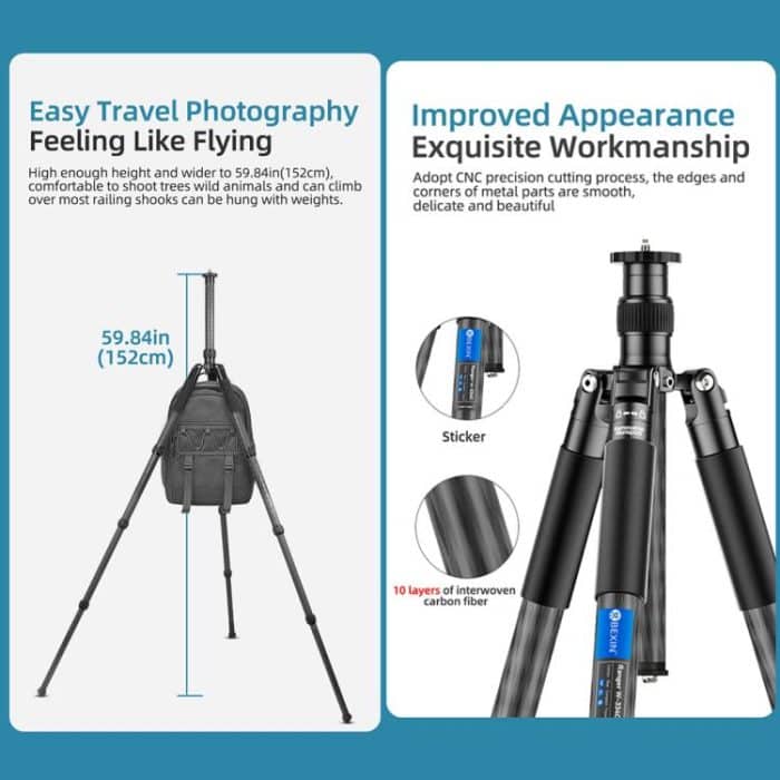 BEXIN W-334C Portable DSLR Camera 2 in 1 Carbon Fiber Tripod Detachable Monopod, W-334C – Bild 6