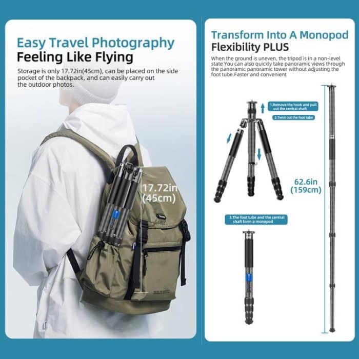 BEXIN W-334C Portable DSLR Camera 2 in 1 Carbon Fiber Tripod Detachable Monopod, W-334C – Bild 7