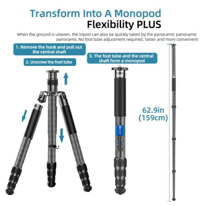 BEXIN W-334C Portable DSLR Camera 2 in 1 Carbon Fiber Tripod Detachable Monopod, W-334C – Bild 9
