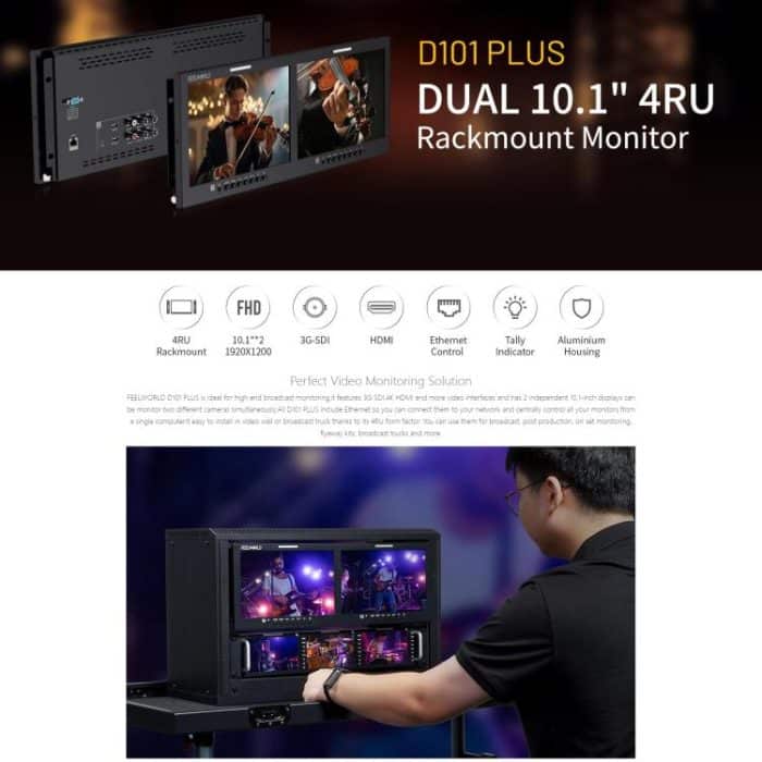 FEELWORLD D101 PLUS Dual 10,1 Zoll 4HE Rackmount-Monitor 4K HDMI SDI 1920 x 1200 IPS Monitor, D101 PLUS – Bild 4