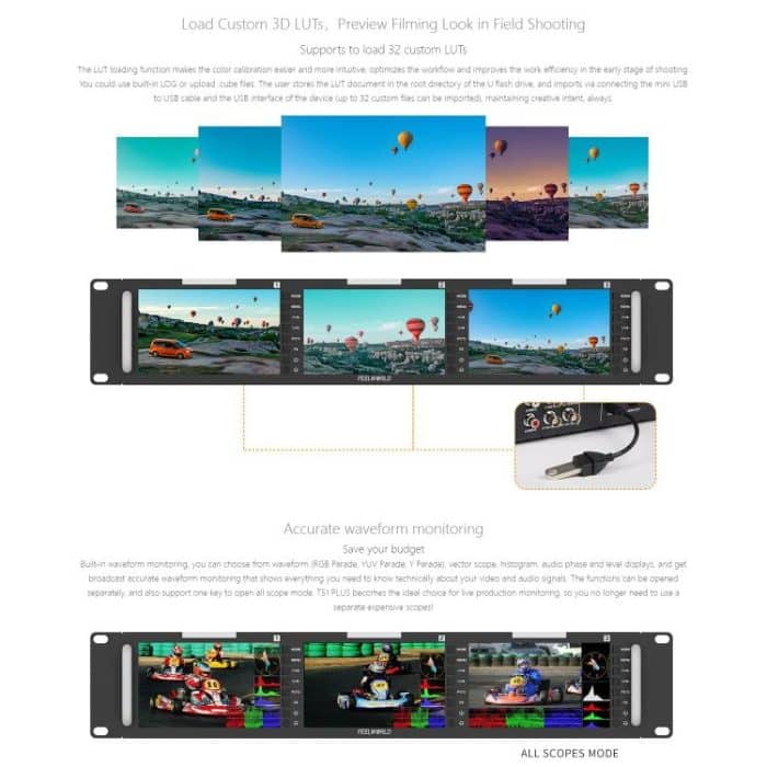 FEELWORLD T51 PLUS Dreifacher 5,5-Zoll-2HE-Rackmount-Monitor Full HD 3G-SDI 4KHDMI AV-Monitor, T51 PLUS – Bild 7