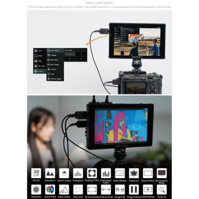 FEELWORLD F7 PLUS 7-Zoll-DSLR-Kamera-Feldmonitor Touchscreen 4K HDMI Hochheller 1200nit-Monitor, F7 PLUS – Bild 11