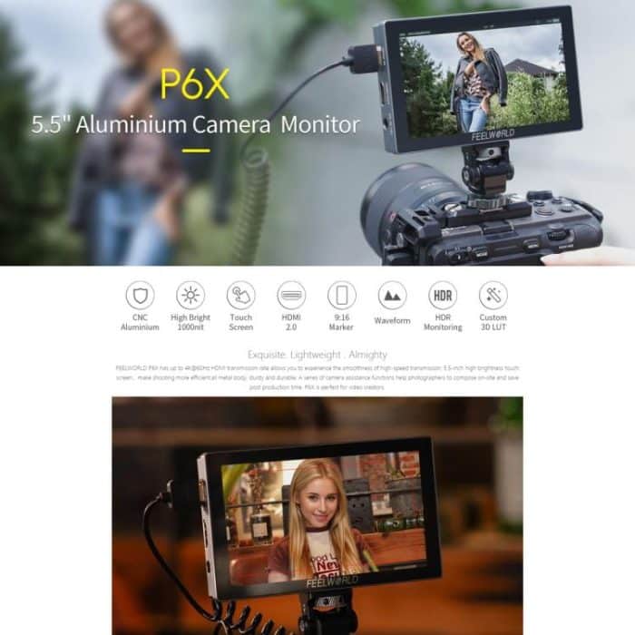 FEELWORLD P6X 5,5 Zoll Aluminium DSLR Kamera Feldmonitor Touchscreen 4K HDMI Hohe Helligkeit 1000nit Monitor, P6X – Bild 6