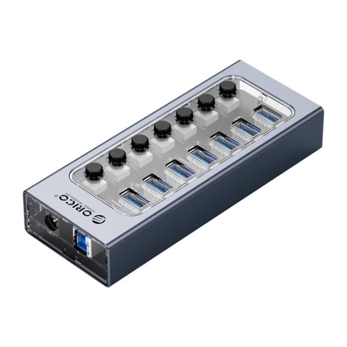 EDA0019457.jpg Orico AT2U3-7AB-GY-BP 7 in 1 Aluminiumlegierung Multi-Port-USB-Hub mit individuellen Switches, US-Stecker – Bild 1