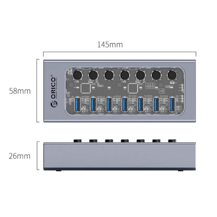 Orico AT2U3-7AB-GY-BP 7 in 1 Aluminiumlegierung Multi-Port-USB-Hub mit individuellen Switches, US-Stecker – Bild 2