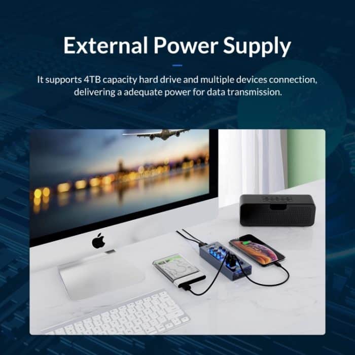 Orico AT2U3-7AB-GY-BP 7 in 1 Aluminiumlegierung Multi-Port-USB-Hub mit individuellen Switches, US-Stecker – Bild 6