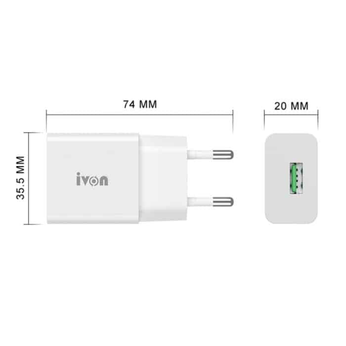 IVON AD-35 2-in-1 18 W QC3.0 USB-Port-Reiseladegerät + 1 m USB-auf-USB-C/Typ-C-Datenkabel-Set,, EU Plug, US Plug – Bild 6