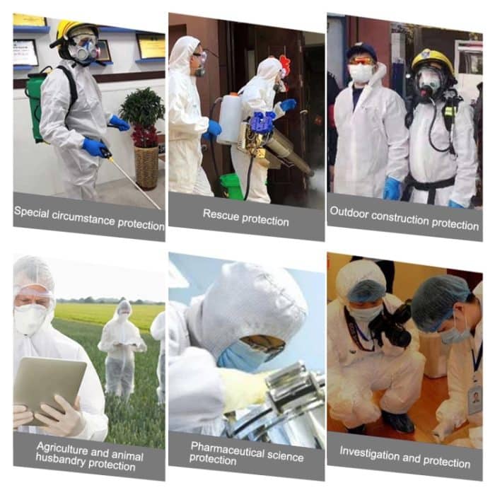 Wasserdichter Einweg-Siam-Isolationsanzug aus atmungsaktivem SF-Vliesstoff mit sicherer Kleidung, 155cm / XS, 160cm / S, 165cm / M, 170cm / L, 175cm / XL, 180cm / XXL, 185cm / XXXL, 190cm / XXXXL – Bild 7