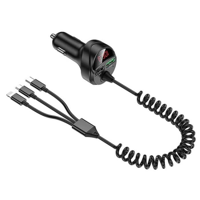 C68 LED-Digitalanzeige QC3.0 Schnelles Autoladegerät 3 in 1 mit Federkabel, C68 with Spring Cable, C68 (Silver) – Bild 1