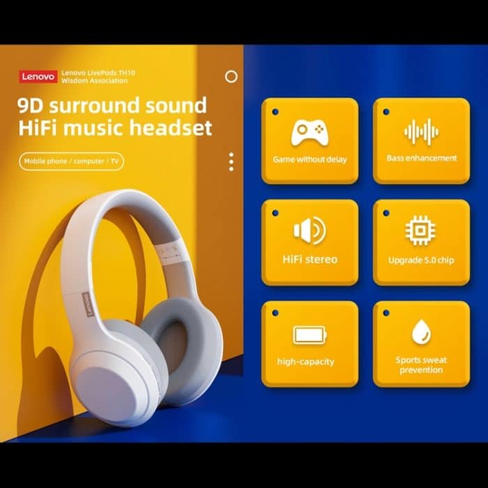 Lenovo TH10 Kabelloser Bluetooth-Kopfhörer für Gaming, Bass, Musik, Sport, Geräuschunterdrückung, TH10 White, TH10 Black – Bild 2
