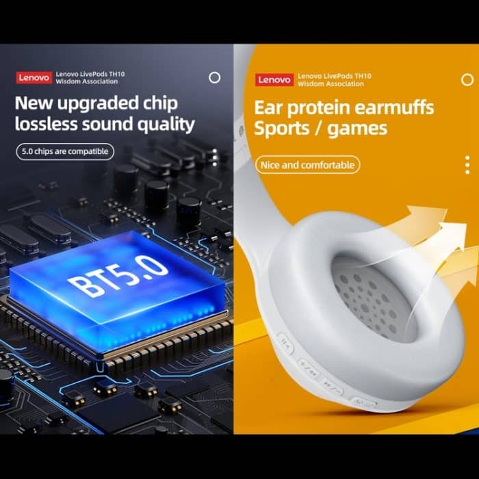Lenovo TH10 Kabelloser Bluetooth-Kopfhörer für Gaming, Bass, Musik, Sport, Geräuschunterdrückung, TH10 White, TH10 Black – Bild 4