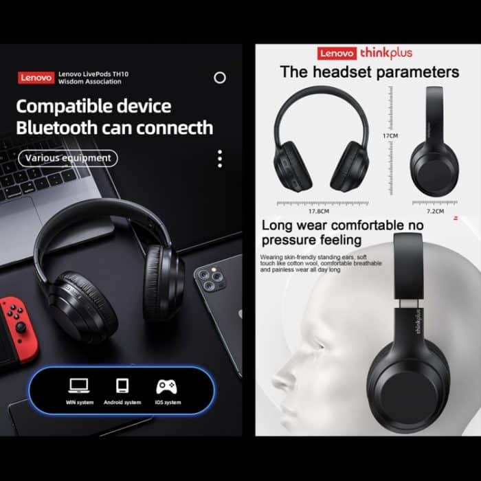 Lenovo TH10 Kabelloser Bluetooth-Kopfhörer für Gaming, Bass, Musik, Sport, Geräuschunterdrückung, TH10 White, TH10 Black – Bild 7