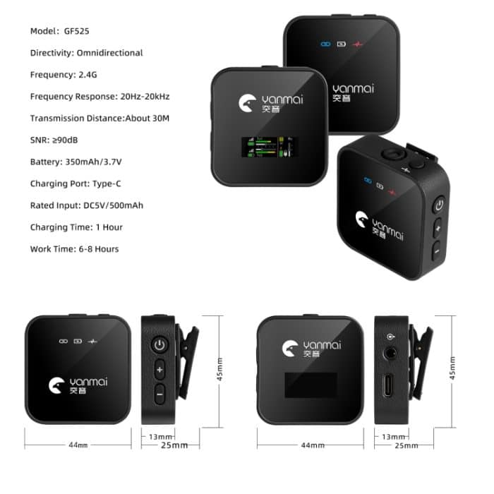 Yanmai GF525 2-in-1-Broadcast-2,4-G-Wireless-Lavaliermikrofon Mini-Ansteckmikrofon mit LED-Anzeige – Bild 3