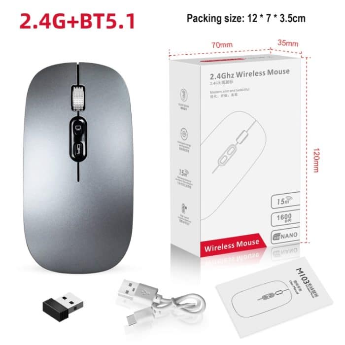 HXSJ M103 1600DPI Dual Mode 2,4 GHz + Bluetooth 5.1 kabellose wiederaufladbare Maus, Dual Mode Grey, Dual Mode Silver – Bild 10