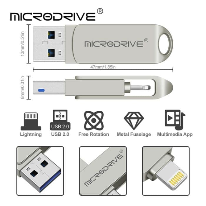 MicroDrive 2-in-1 Lightning + USB 2.0 tragbares USB-Flash-Laufwerk aus Metall, 8GB, 16GB, 32GB, 64GB, 128GB, 256GB, 512GB – Bild 3