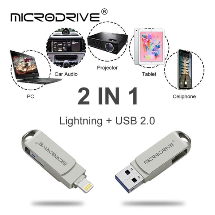 MicroDrive 2-in-1 Lightning + USB 2.0 tragbares USB-Flash-Laufwerk aus Metall, 8GB, 16GB, 32GB, 64GB, 128GB, 256GB, 512GB – Bild 6